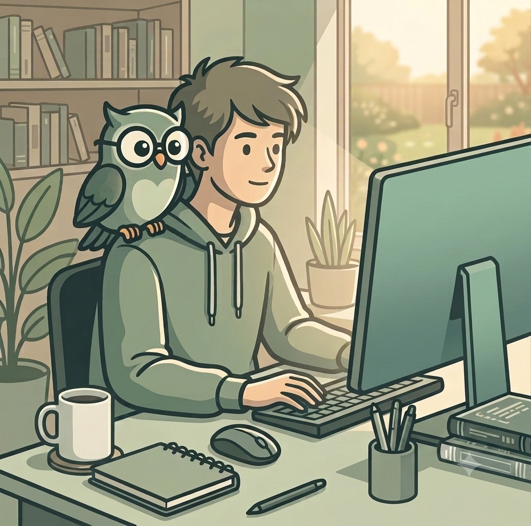 An owl perched on your shoulder, watching your screen